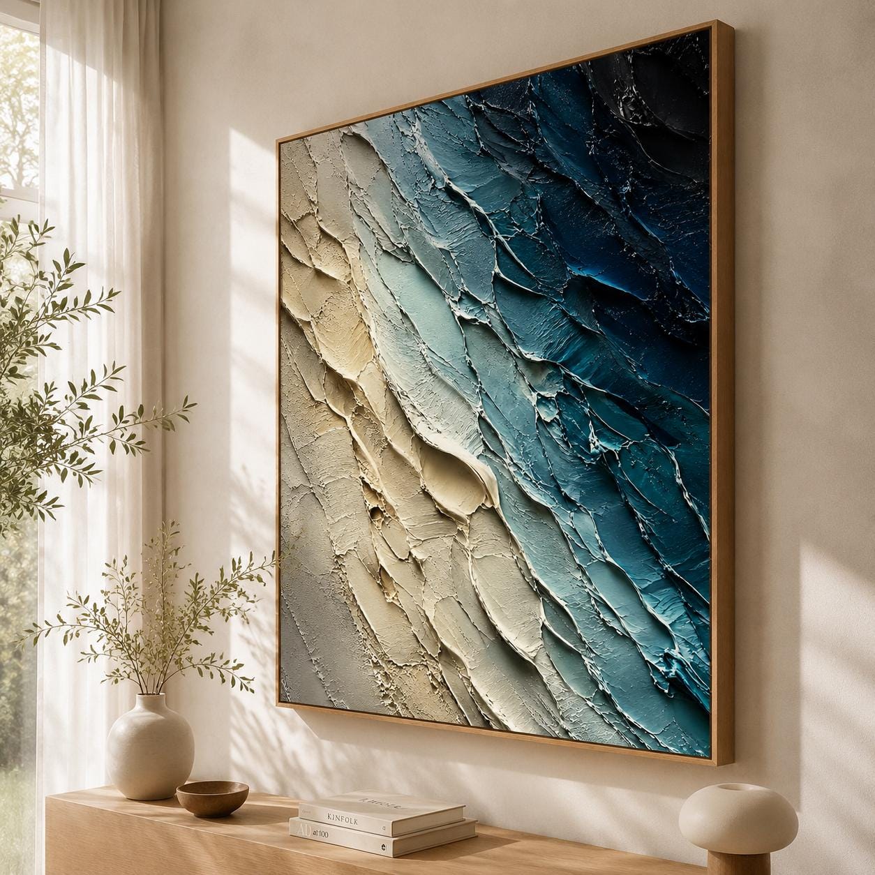 Textured Abstract Wall Art, Modern Blue & Beige Canvas Painting, Vertical Palette Knife Artwork