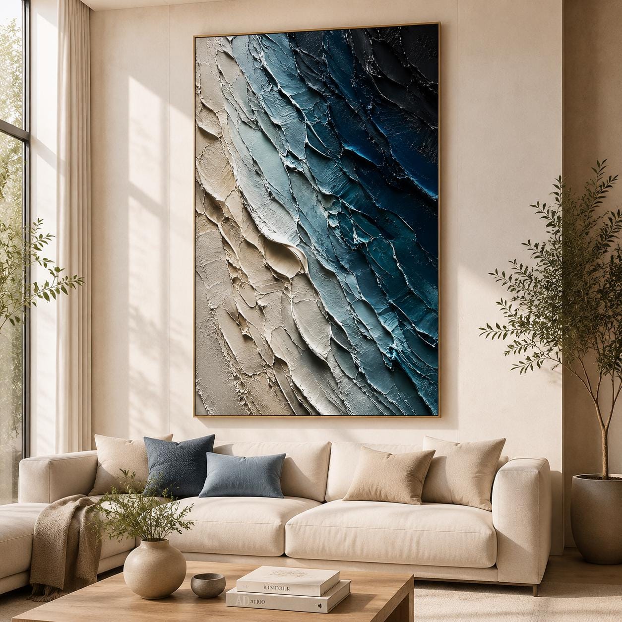 Textured Abstract Wall Art, Modern Blue & Beige Canvas Painting, Vertical Palette Knife Artwork