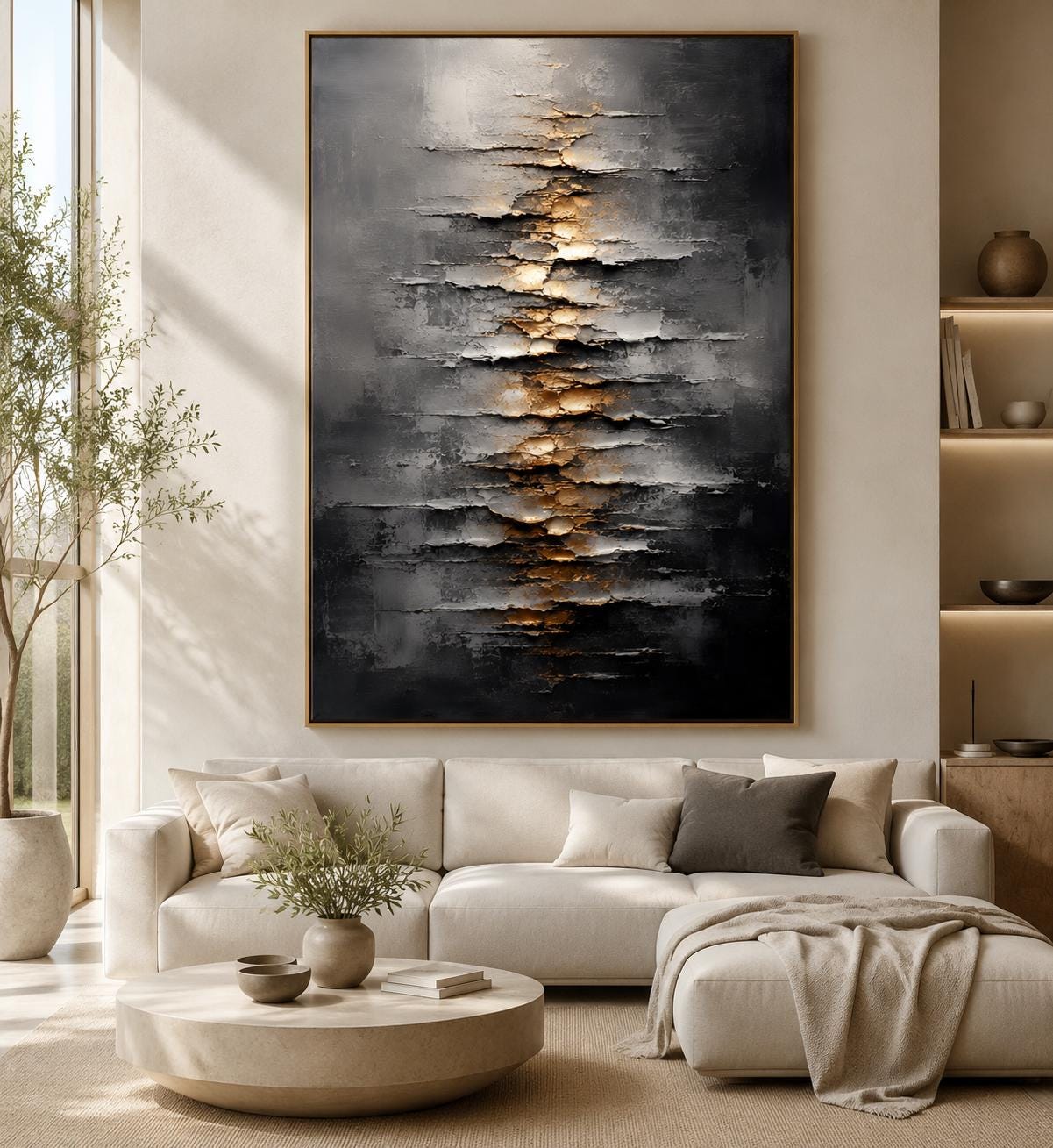 Textured Abstract Wall Art, Modern Black & Gold Canvas Painting, Vertical Contemporary Artwork