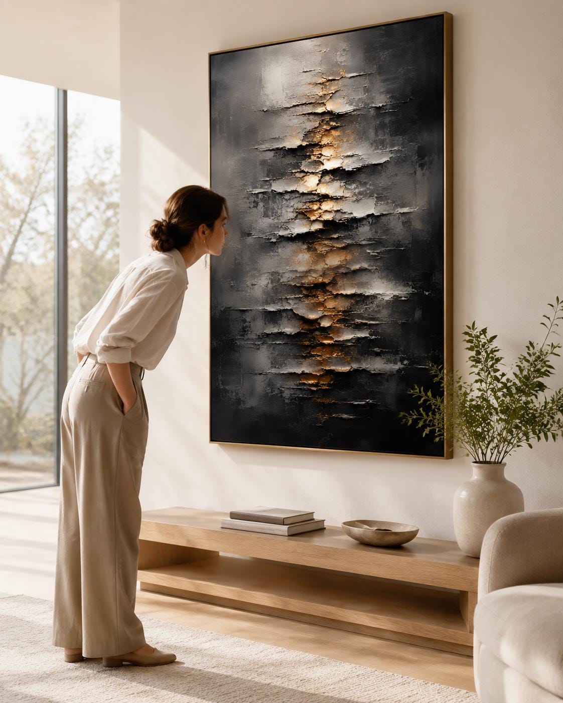 Textured Abstract Wall Art, Modern Black & Gold Canvas Painting, Vertical Contemporary Artwork
