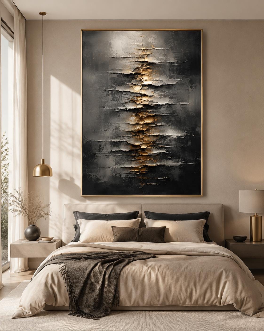 Textured Abstract Wall Art, Modern Black & Gold Canvas Painting, Vertical Contemporary Artwork