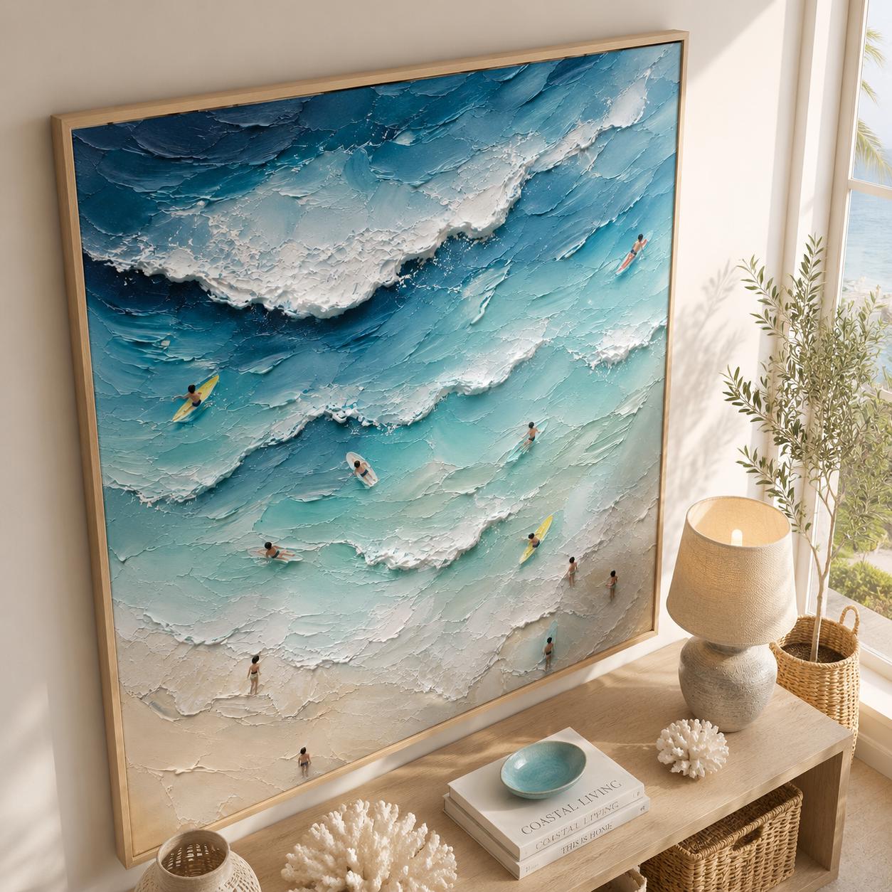 Textured Ocean Wave Wall Art, Modern Surfing Beach Canvas Painting, Horizontal Coastal Artwork