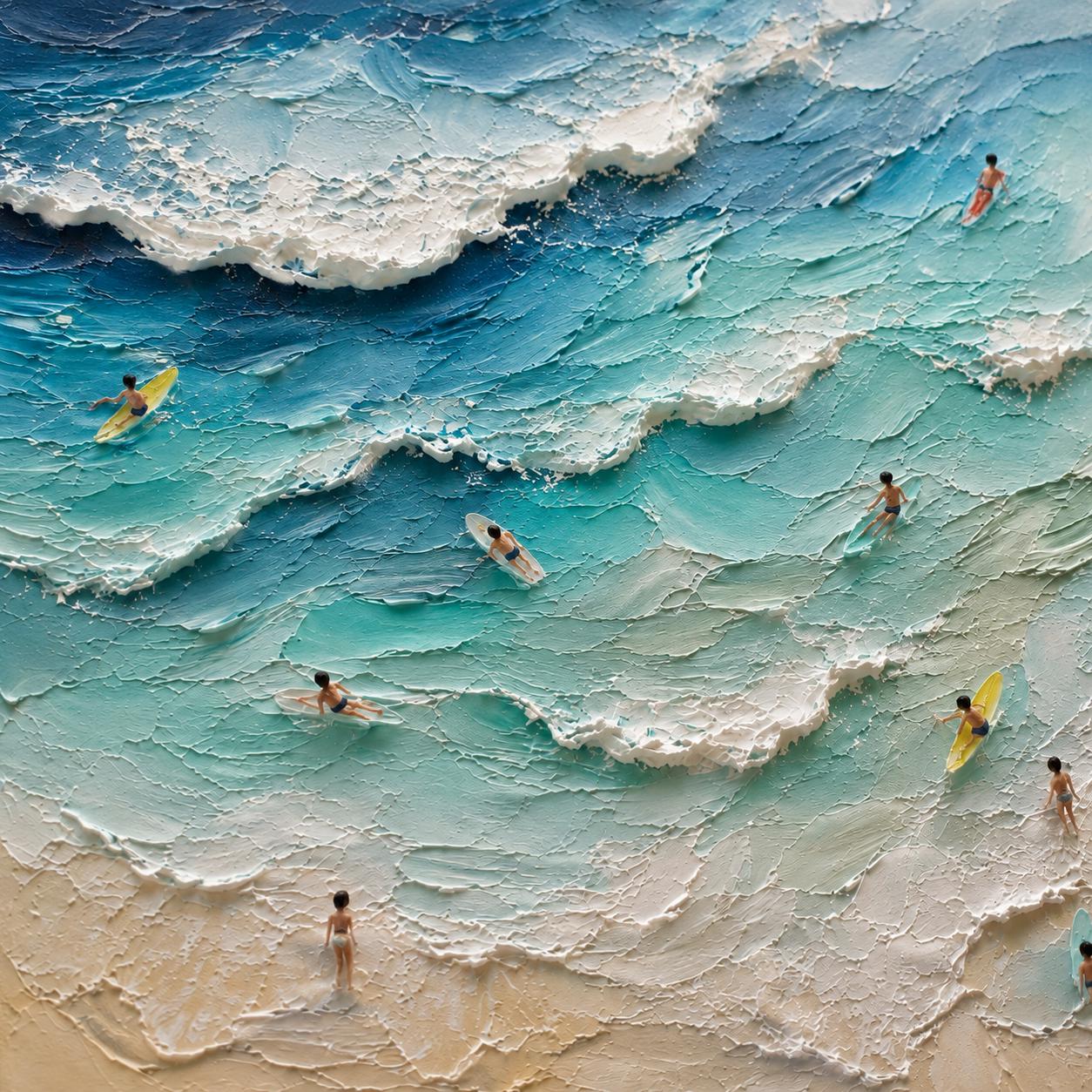 Textured Ocean Wave Wall Art, Modern Surfing Beach Canvas Painting, Horizontal Coastal Artwork
