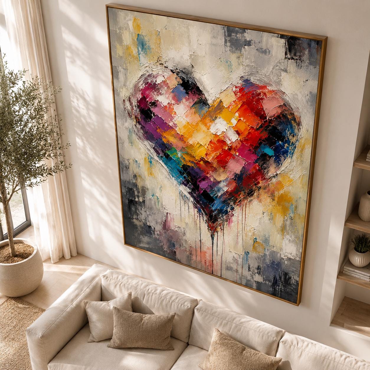 Colorful Heart Abstract Wall Art, Modern Palette Knife Canvas Painting, Vertical Vibrant Artwork