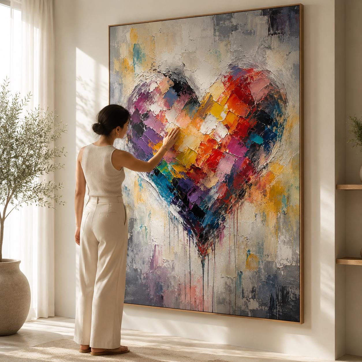 Colorful Heart Abstract Wall Art, Modern Palette Knife Canvas Painting, Vertical Vibrant Artwork