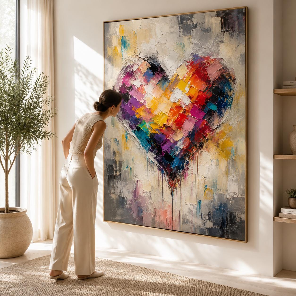 Colorful Heart Abstract Wall Art, Modern Palette Knife Canvas Painting, Vertical Vibrant Artwork
