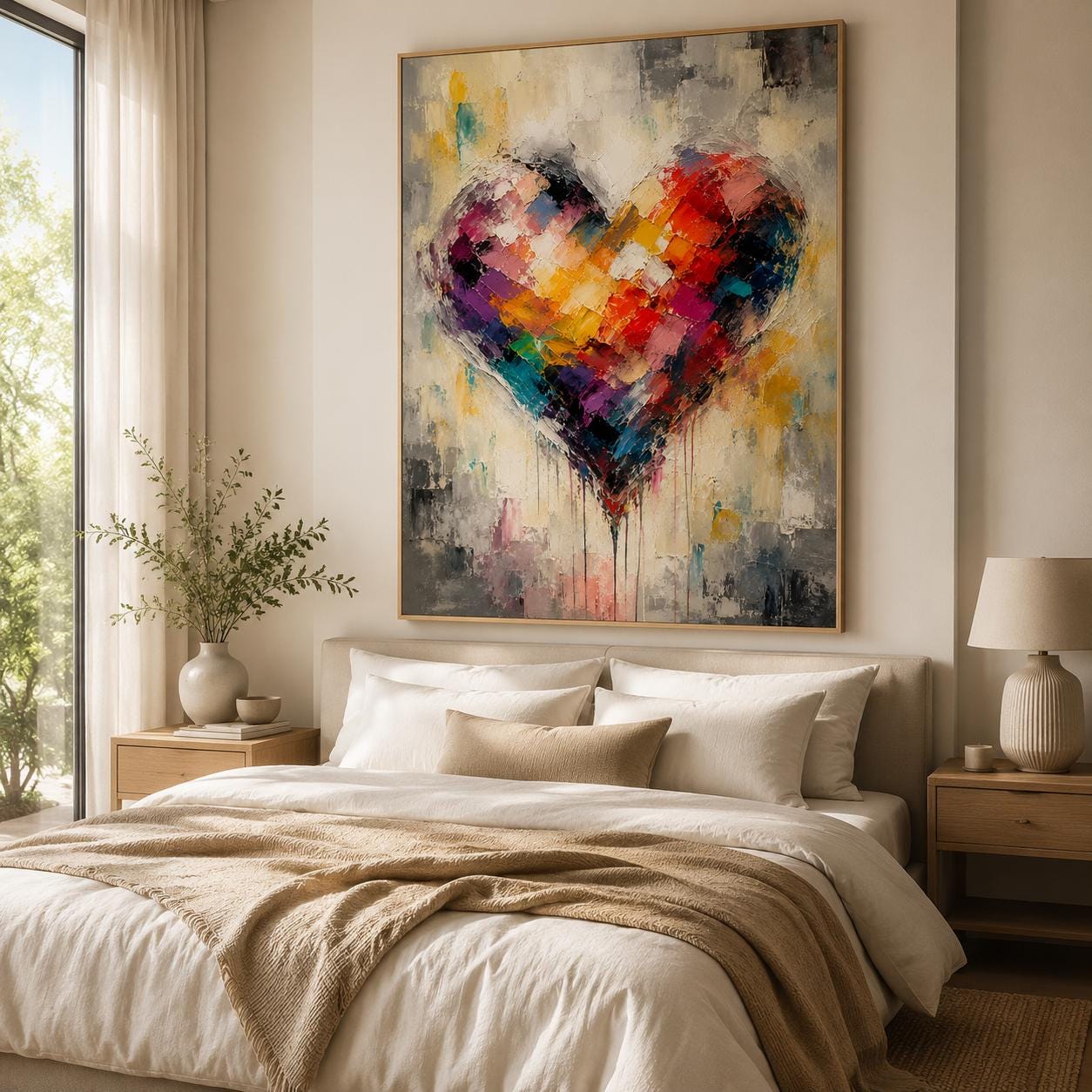 Colorful Heart Abstract Wall Art, Modern Palette Knife Canvas Painting, Vertical Vibrant Artwork