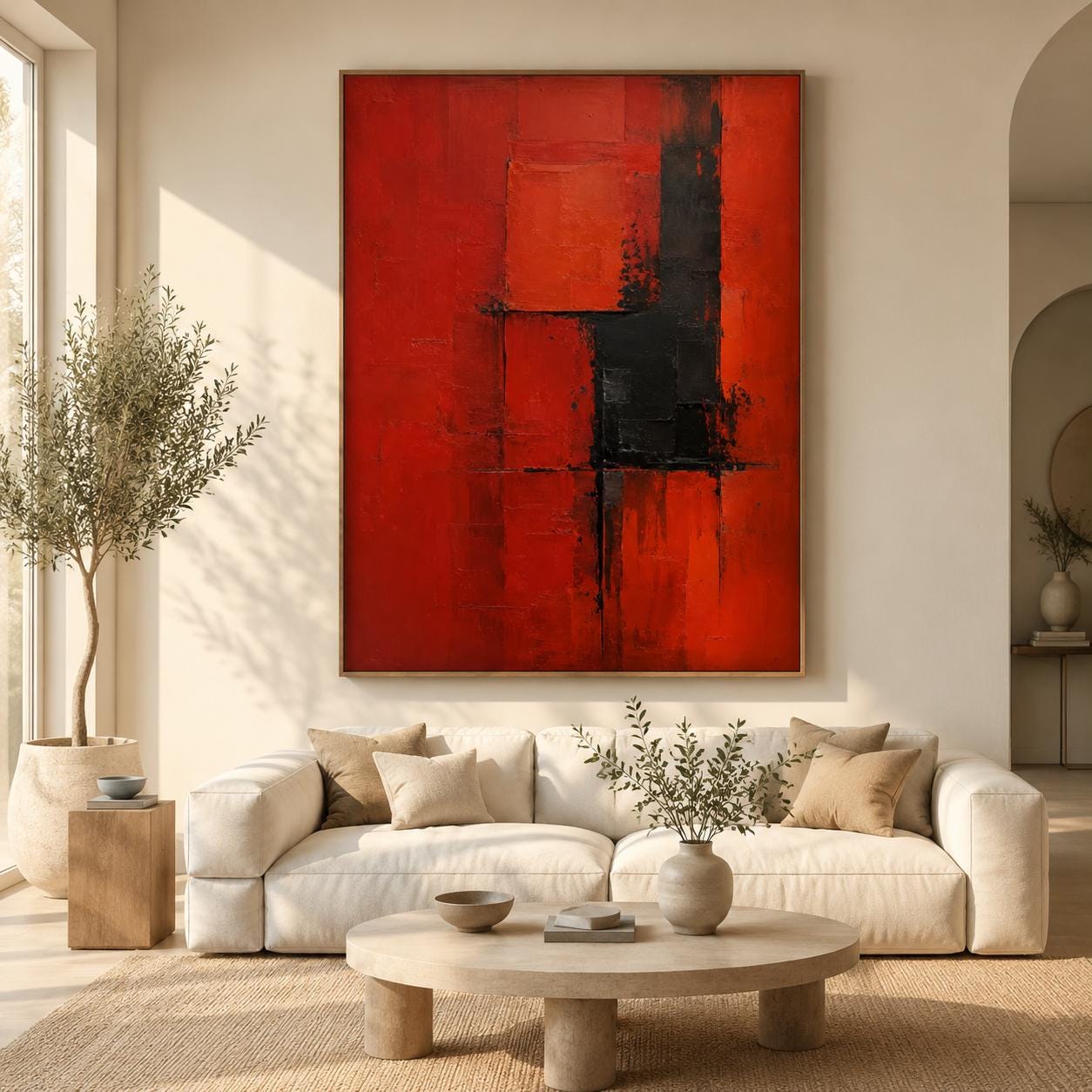 Bold Red & Black Abstract Wall Art, Modern Canvas Painting, Vertical Contemporary Artwork
