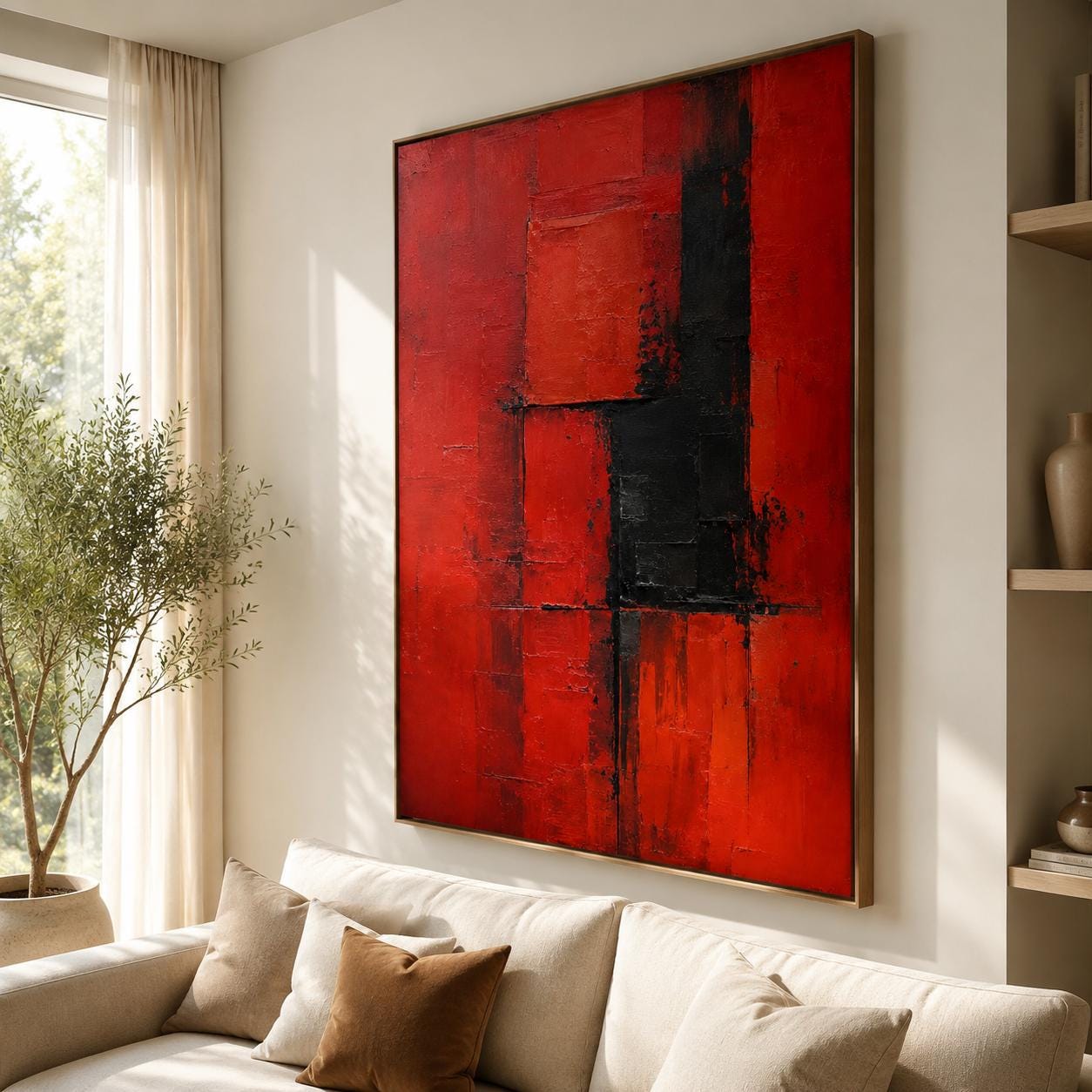 Bold Red & Black Abstract Wall Art, Modern Canvas Painting, Vertical Contemporary Artwork