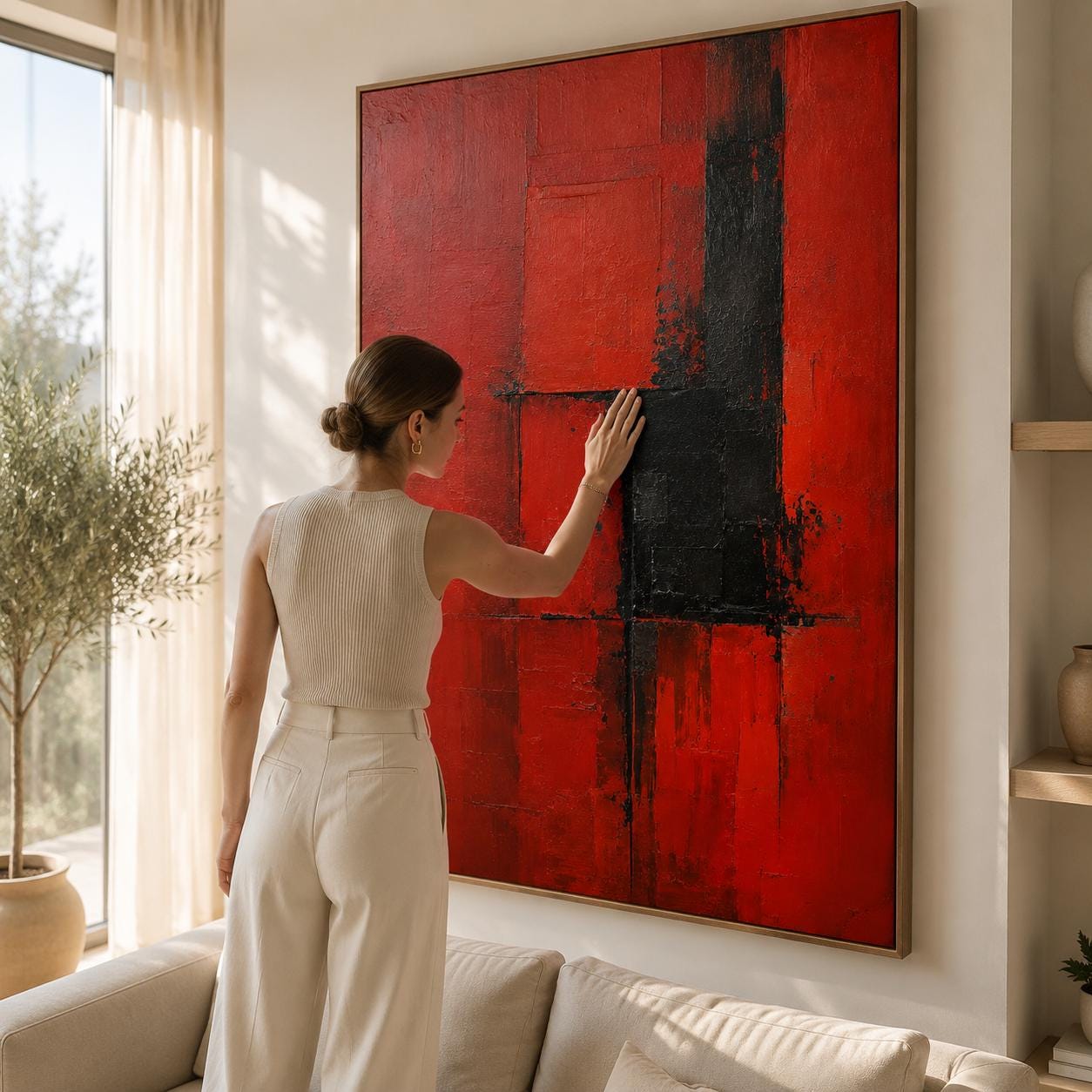 Bold Red & Black Abstract Wall Art, Modern Canvas Painting, Vertical Contemporary Artwork
