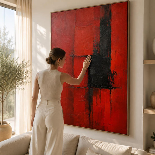 Bold Red & Black Abstract Wall Art, Modern Canvas Painting, Vertical Contemporary Artwork
