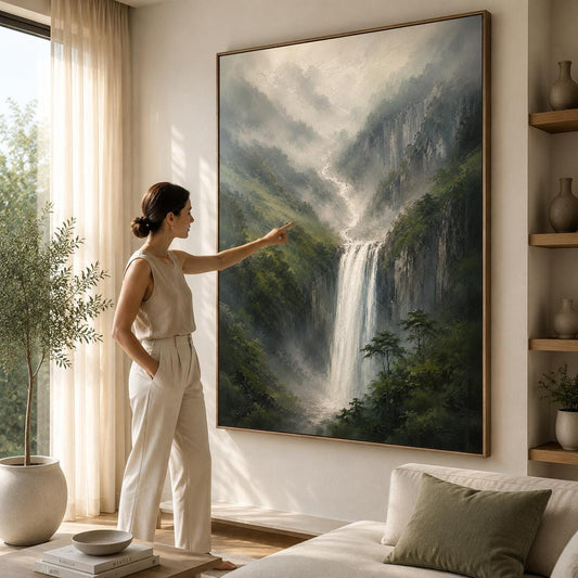 Waterfall Landscape Wall Art, Misty Mountain Canvas Painting, Vertical Nature Artwork