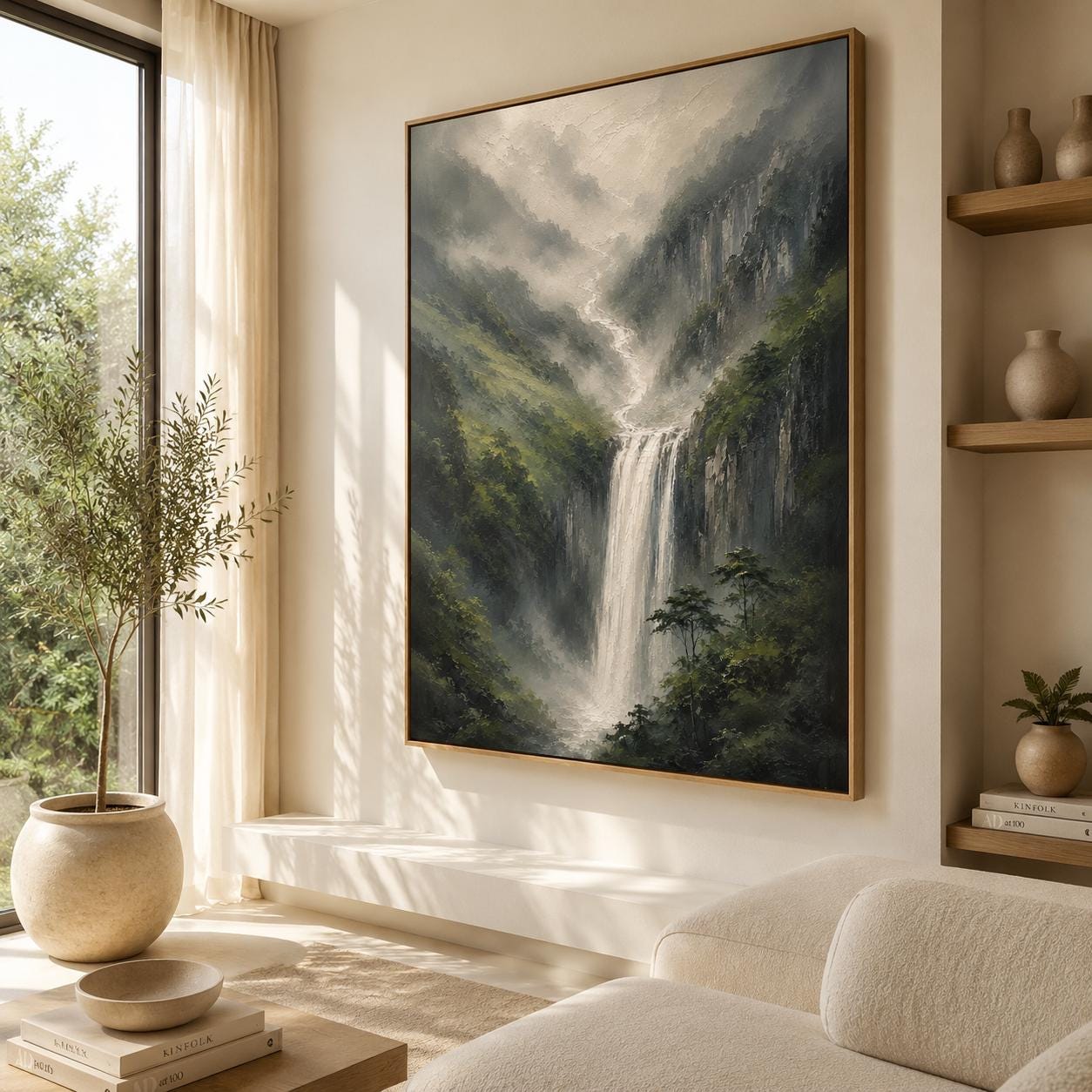 Waterfall Landscape Wall Art, Misty Mountain Canvas Painting, Vertical Nature Artwork