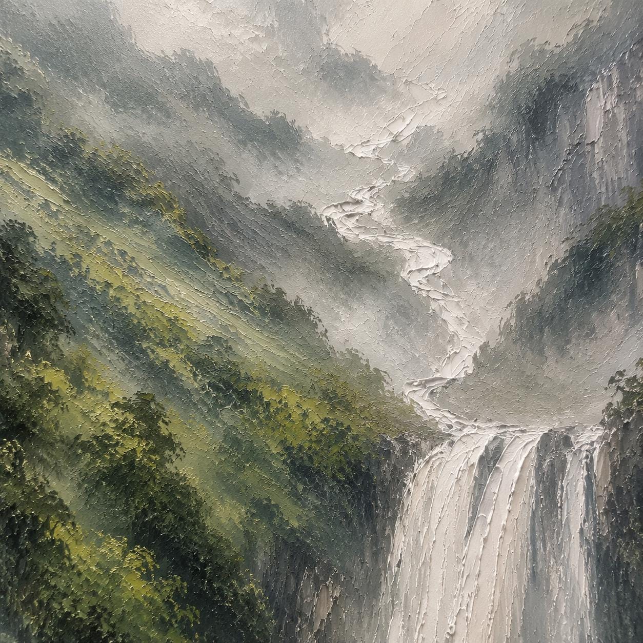 Waterfall Landscape Wall Art, Misty Mountain Canvas Painting, Vertical Nature Artwork