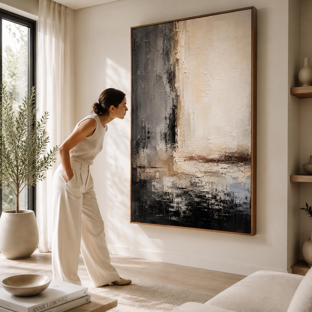 Neutral Abstract Wall Art, Modern Textured Canvas Painting, Vertical Minimalist Artwork