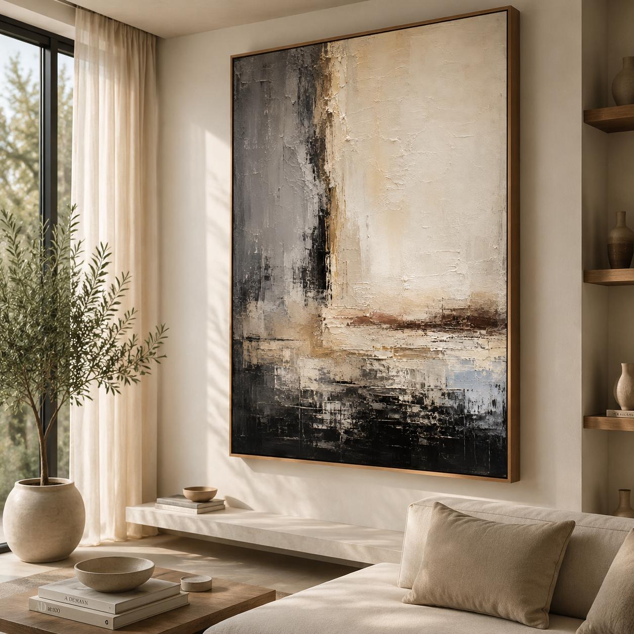 Neutral Abstract Wall Art, Modern Textured Canvas Painting, Vertical Minimalist Artwork
