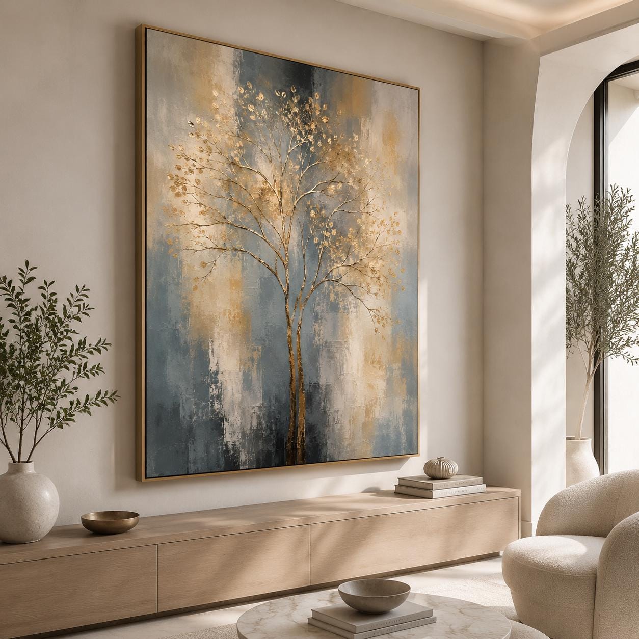 Textured Gold Tree Wall Art, Contemporary Canvas Painting, Vertical Neutral Artwork