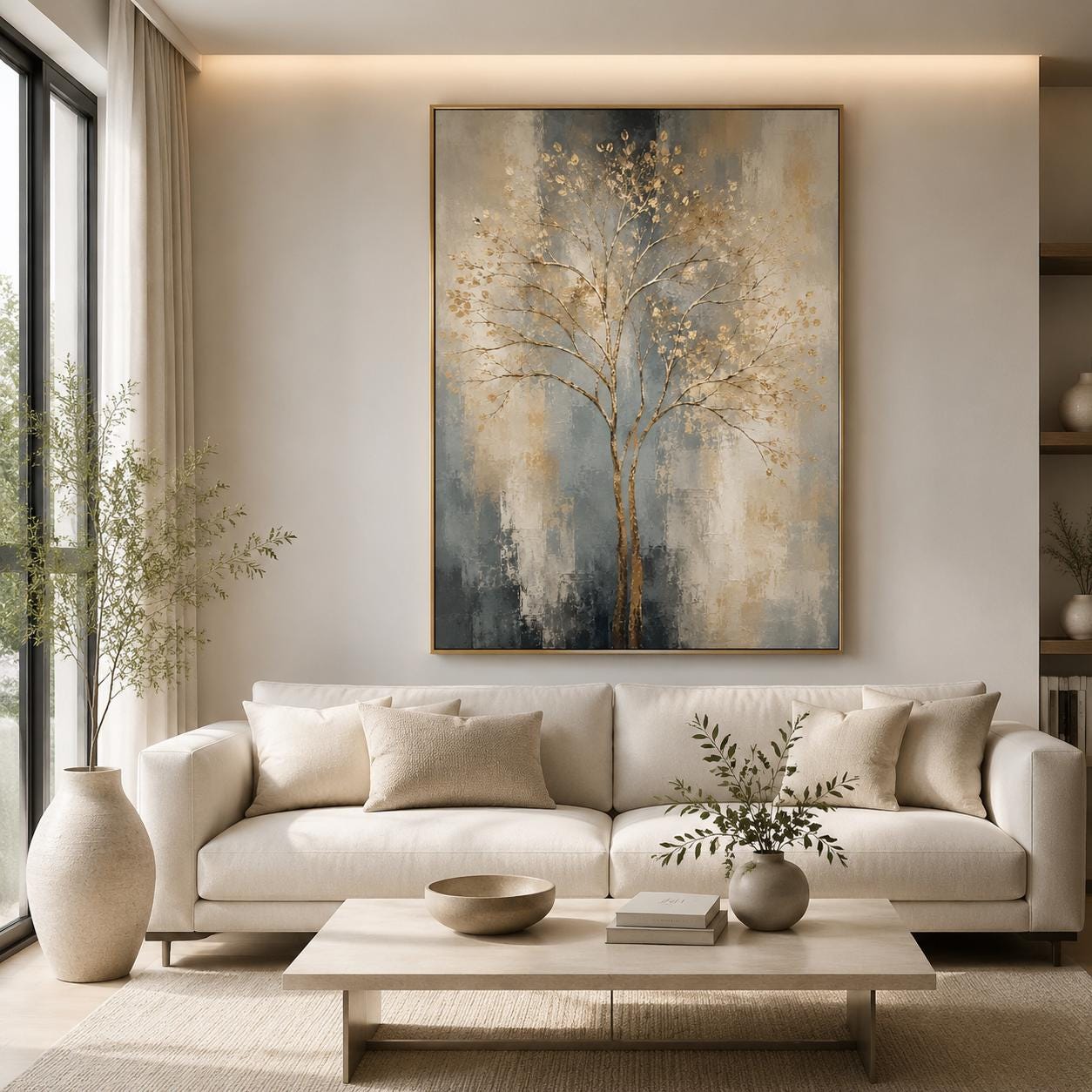 Textured Gold Tree Wall Art, Contemporary Canvas Painting, Vertical Neutral Artwork