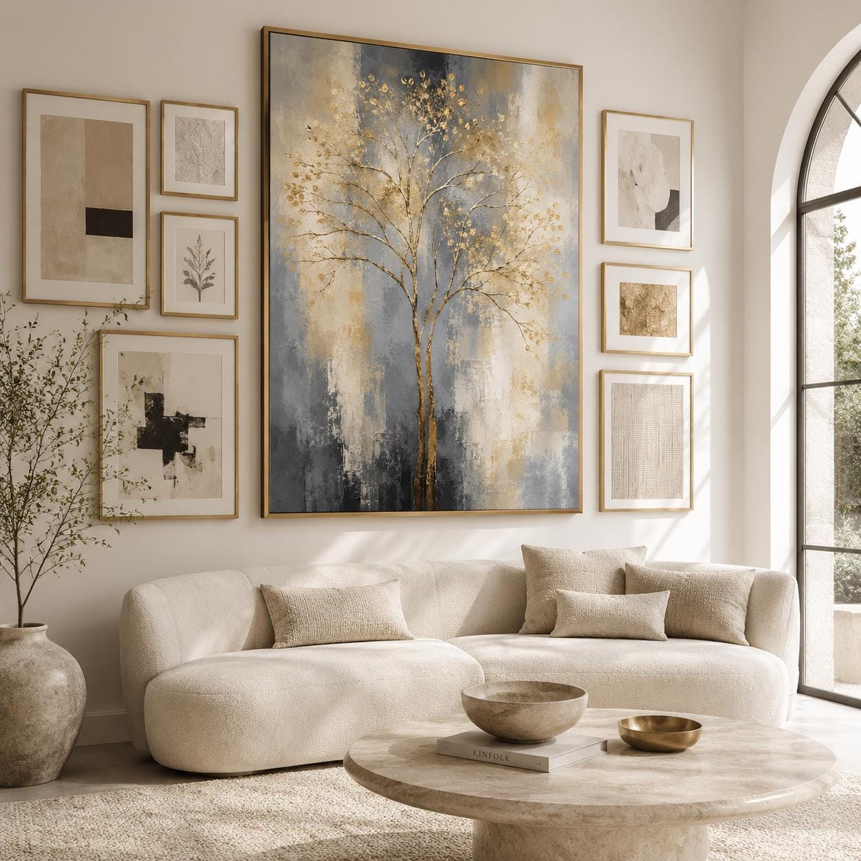 Textured Gold Tree Wall Art, Contemporary Canvas Painting, Vertical Neutral Artwork