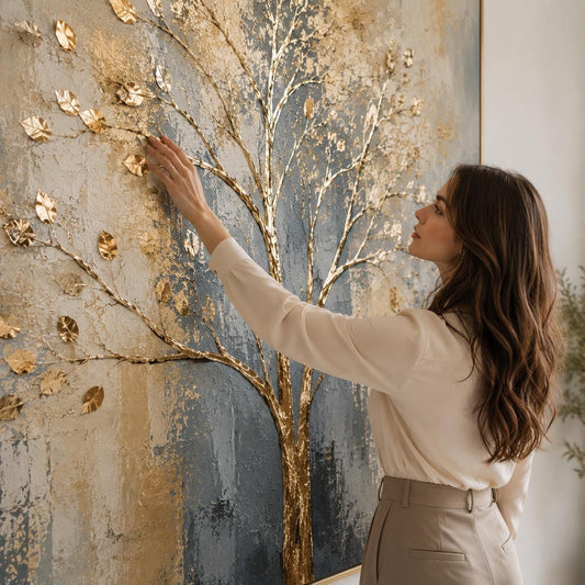 Textured Gold Tree Wall Art, Contemporary Canvas Painting, Vertical Neutral Artwork