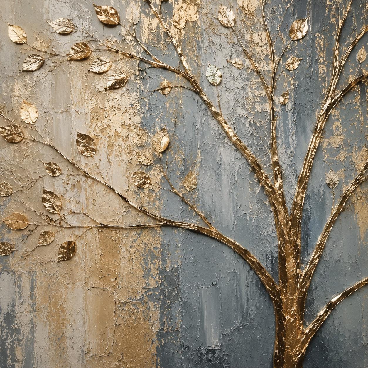 Textured Gold Tree Wall Art, Contemporary Canvas Painting, Vertical Neutral Artwork