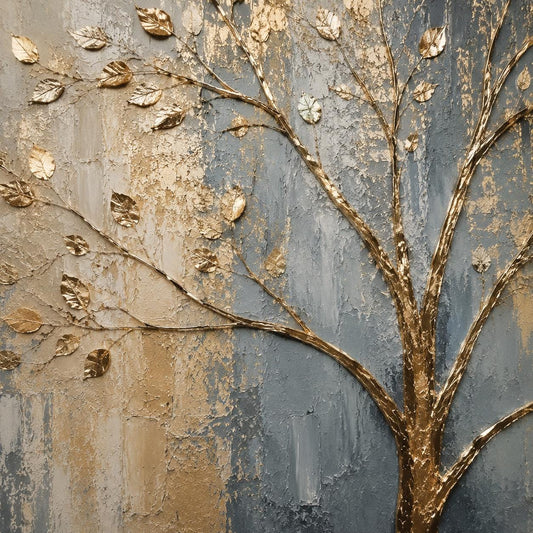 Textured Gold Tree Wall Art, Contemporary Canvas Painting, Vertical Neutral Artwork