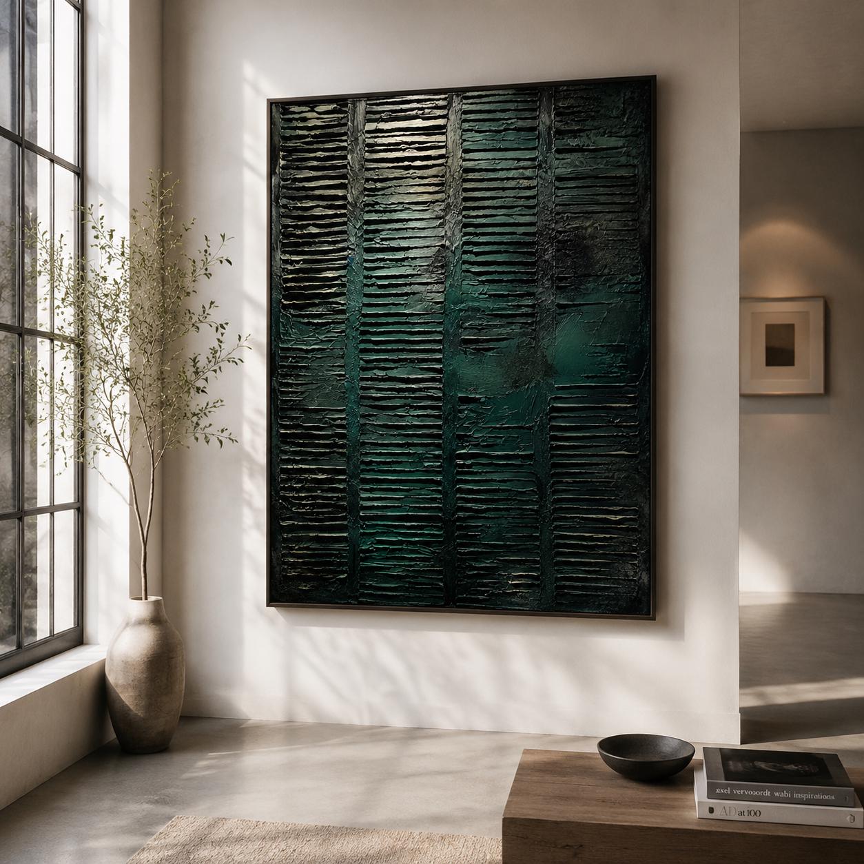 Dark Green Textured Abstract Wall Art, Modern Canvas Painting, Contemporary Minimalist Decor
