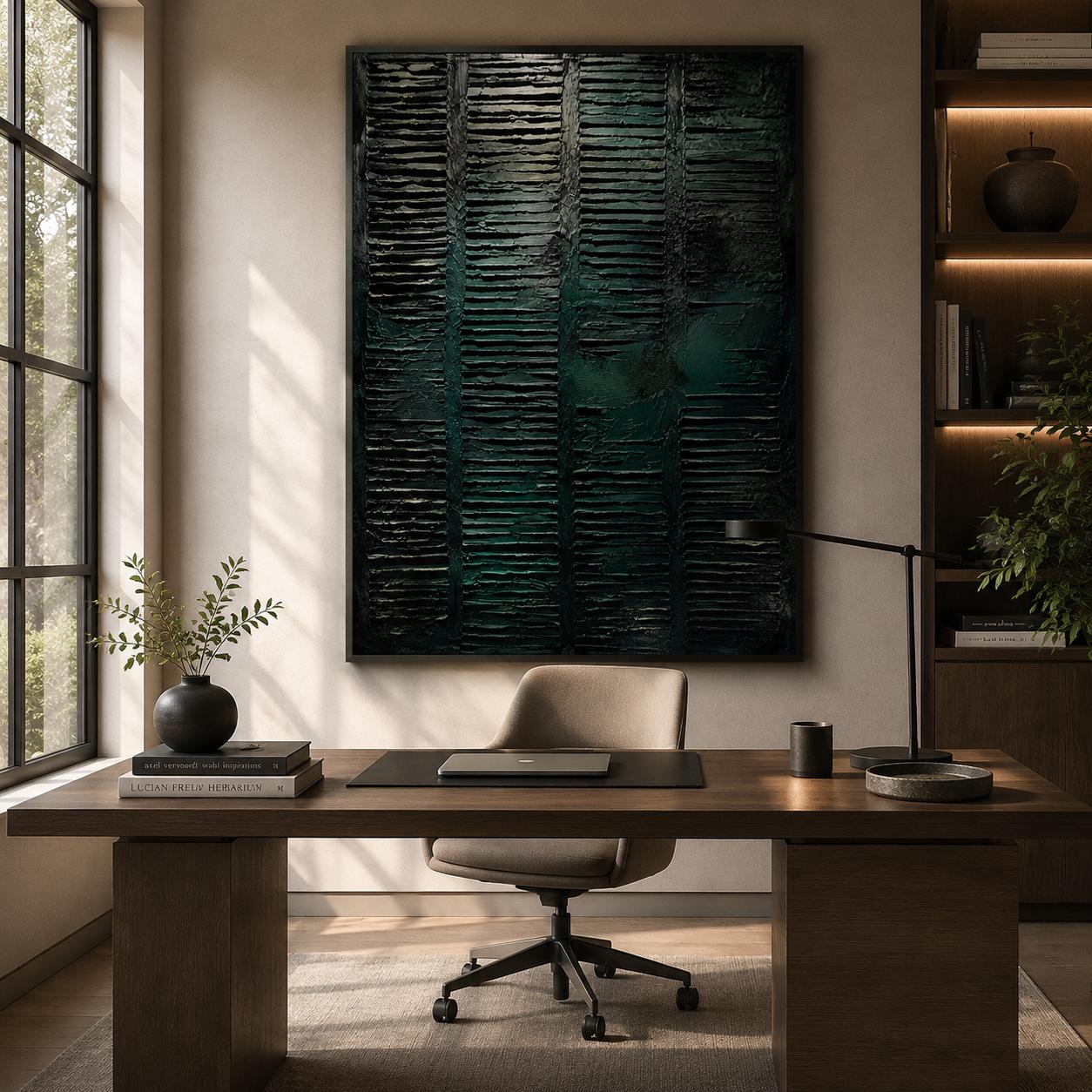 Dark Green Textured Abstract Wall Art, Modern Canvas Painting, Contemporary Minimalist Decor