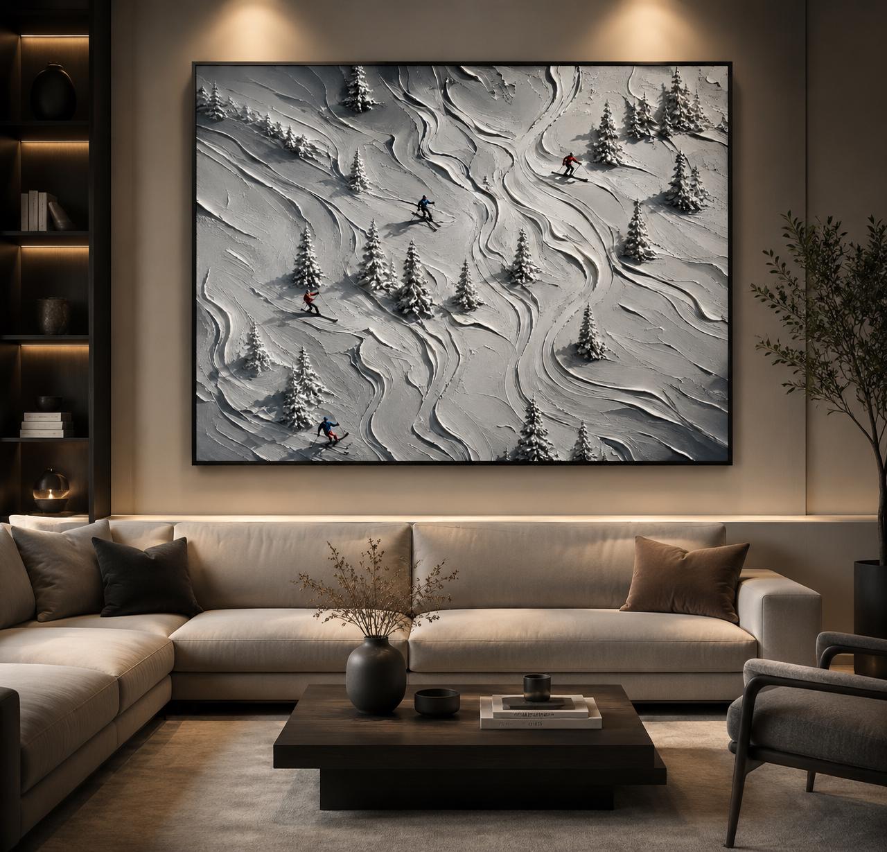 Textured Skiers in Winter Landscape – Modern Canvas Painting, Snowy Mountain Wall Art