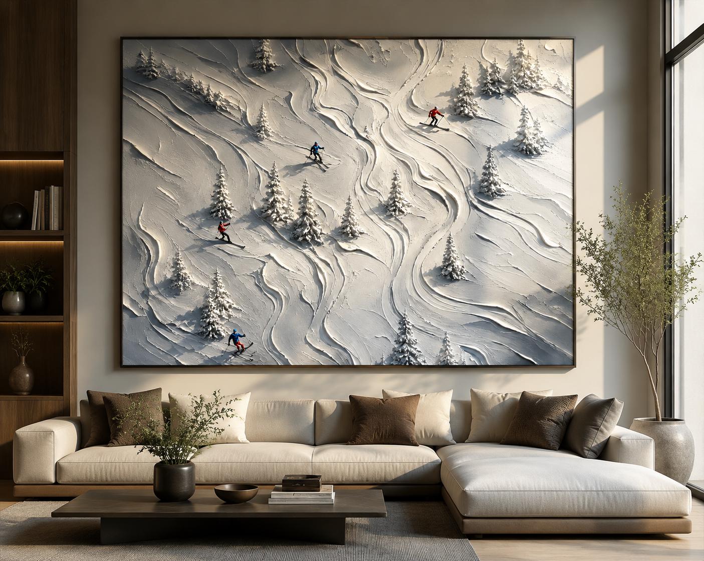 Textured Skiers in Winter Landscape – Modern Canvas Painting, Snowy Mountain Wall Art