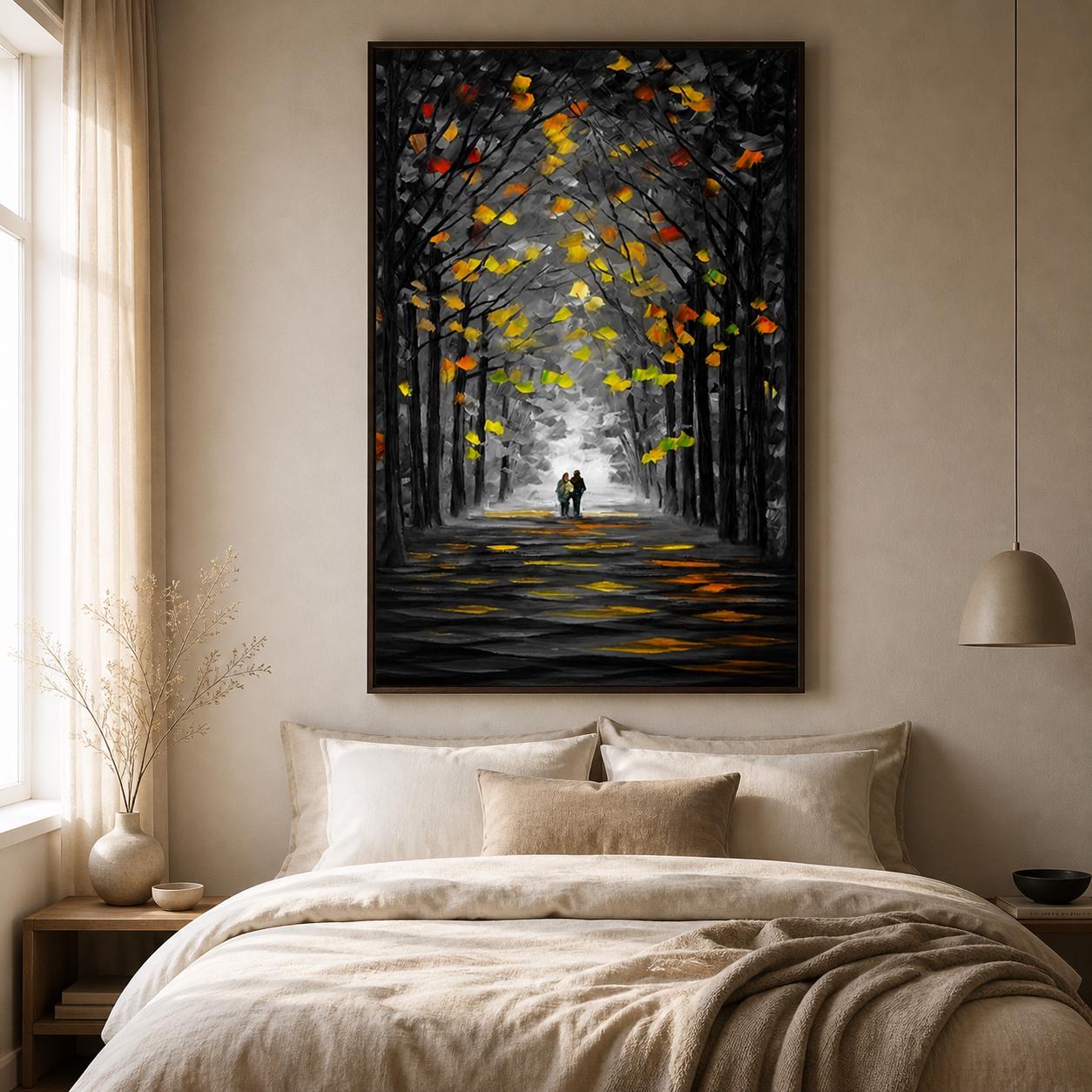 Textured Forest Couple Painting, Moody Autumn Landscape Canvas Artwork