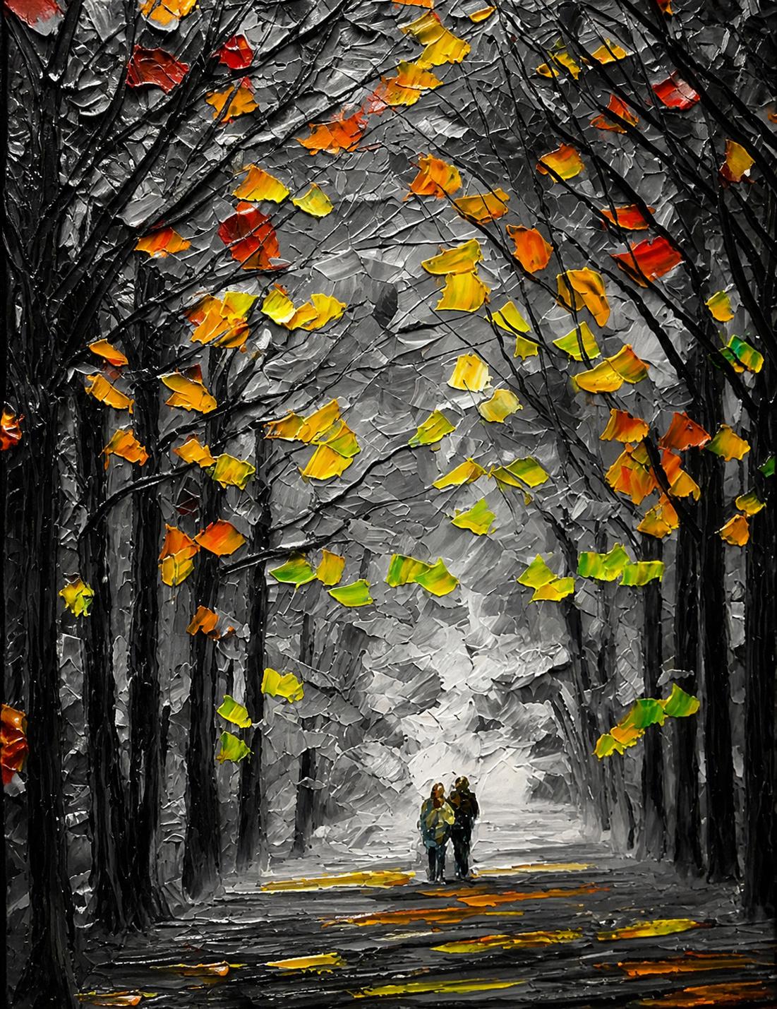 Textured Forest Couple Painting, Moody Autumn Landscape Canvas Artwork