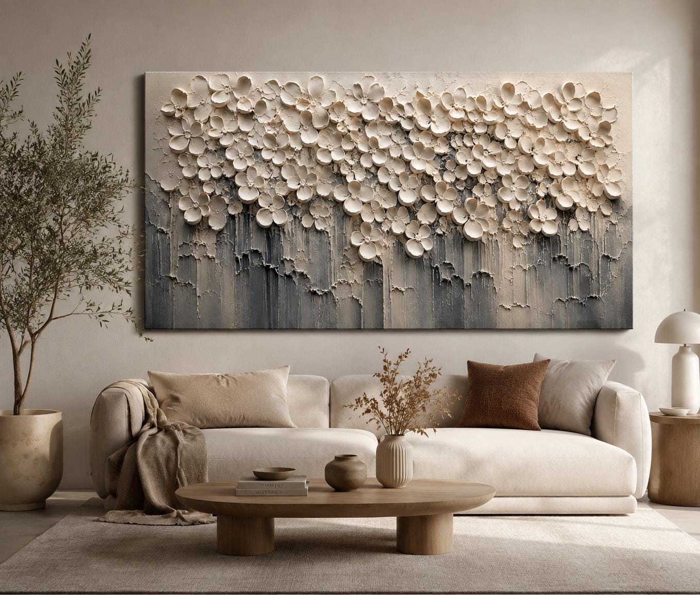 Textured 3D Floral Canvas – Modern Neutral Wall Art, Contemporary Textured Flowers