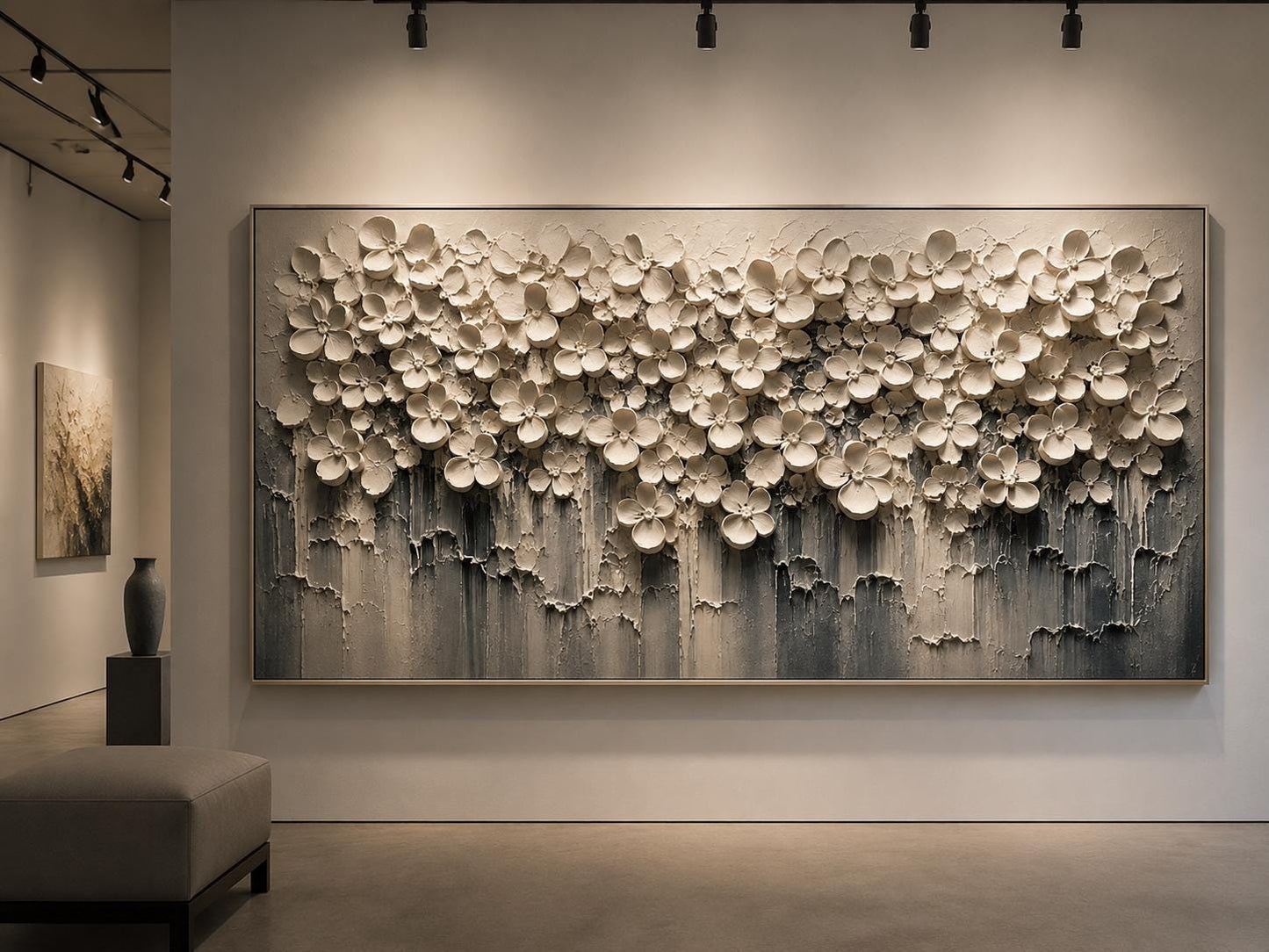 Textured 3D Floral Canvas – Modern Neutral Wall Art, Contemporary Textured Flowers