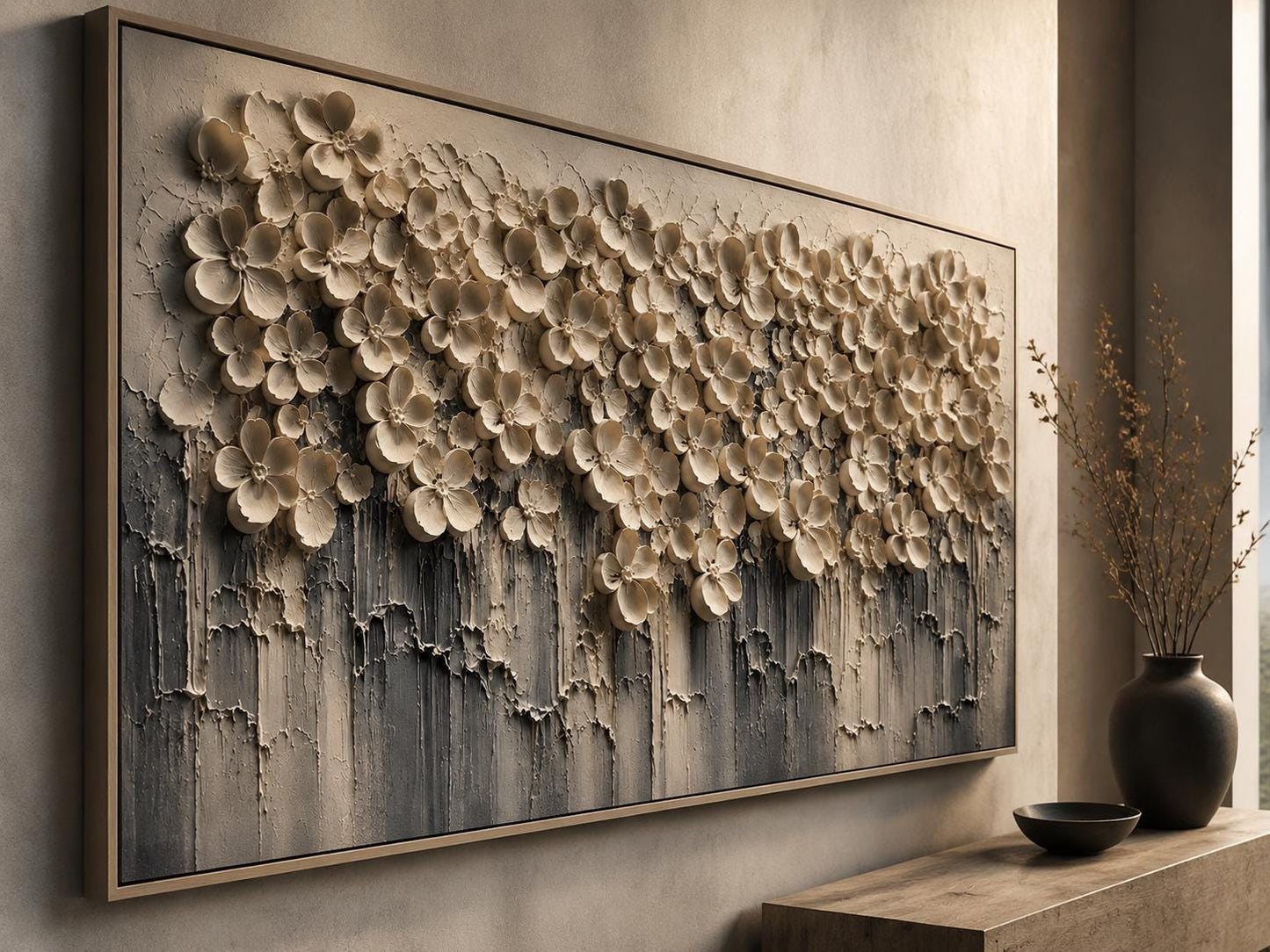 Textured 3D Floral Canvas – Modern Neutral Wall Art, Contemporary Textured Flowers