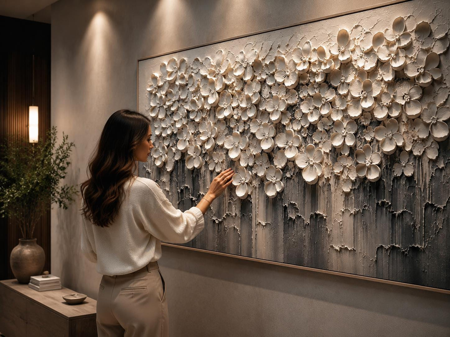 Textured 3D Floral Canvas – Modern Neutral Wall Art, Contemporary Textured Flowers