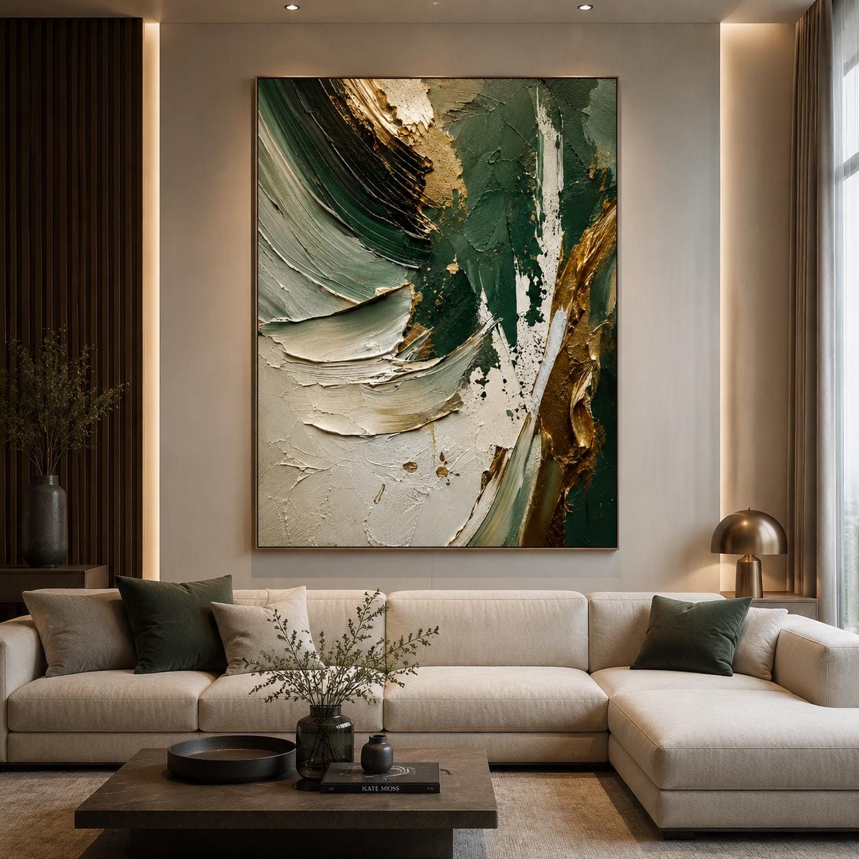 Textured Abstract Green & Gold Canvas – Modern Impasto Wall Art