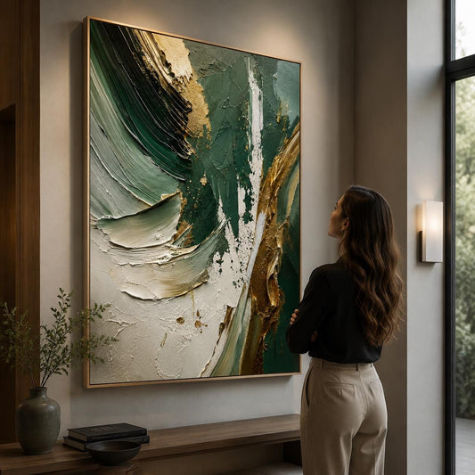 Textured Abstract Green & Gold Canvas – Modern Impasto Wall Art