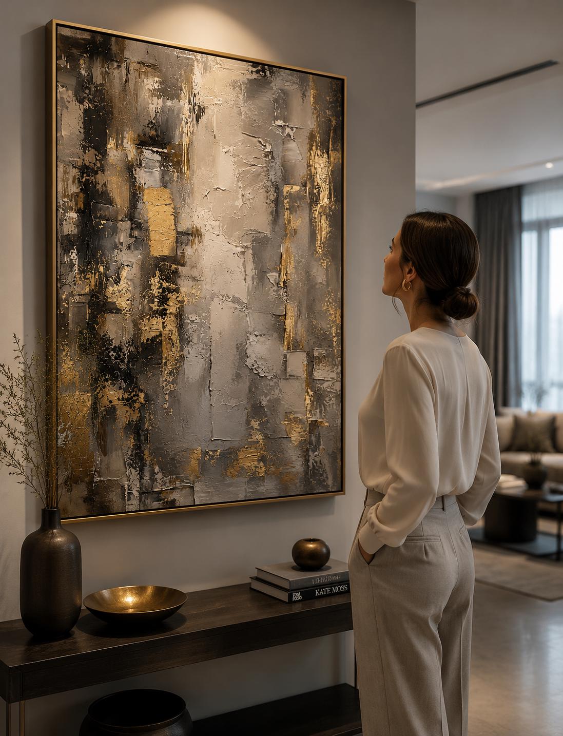Textured Abstract Grey & Gold Canvas – Modern Impasto Wall Art