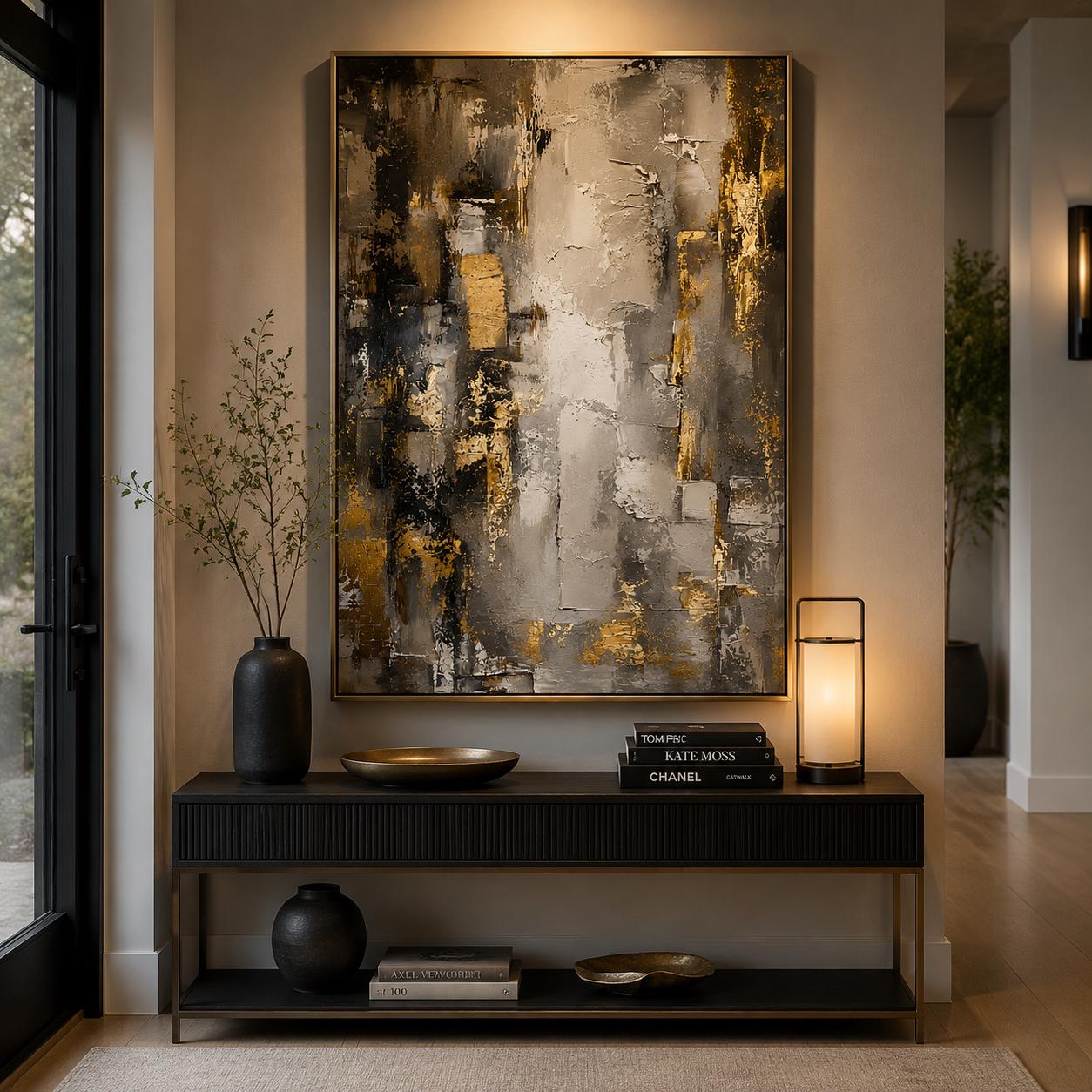 Textured Abstract Grey & Gold Canvas – Modern Impasto Wall Art