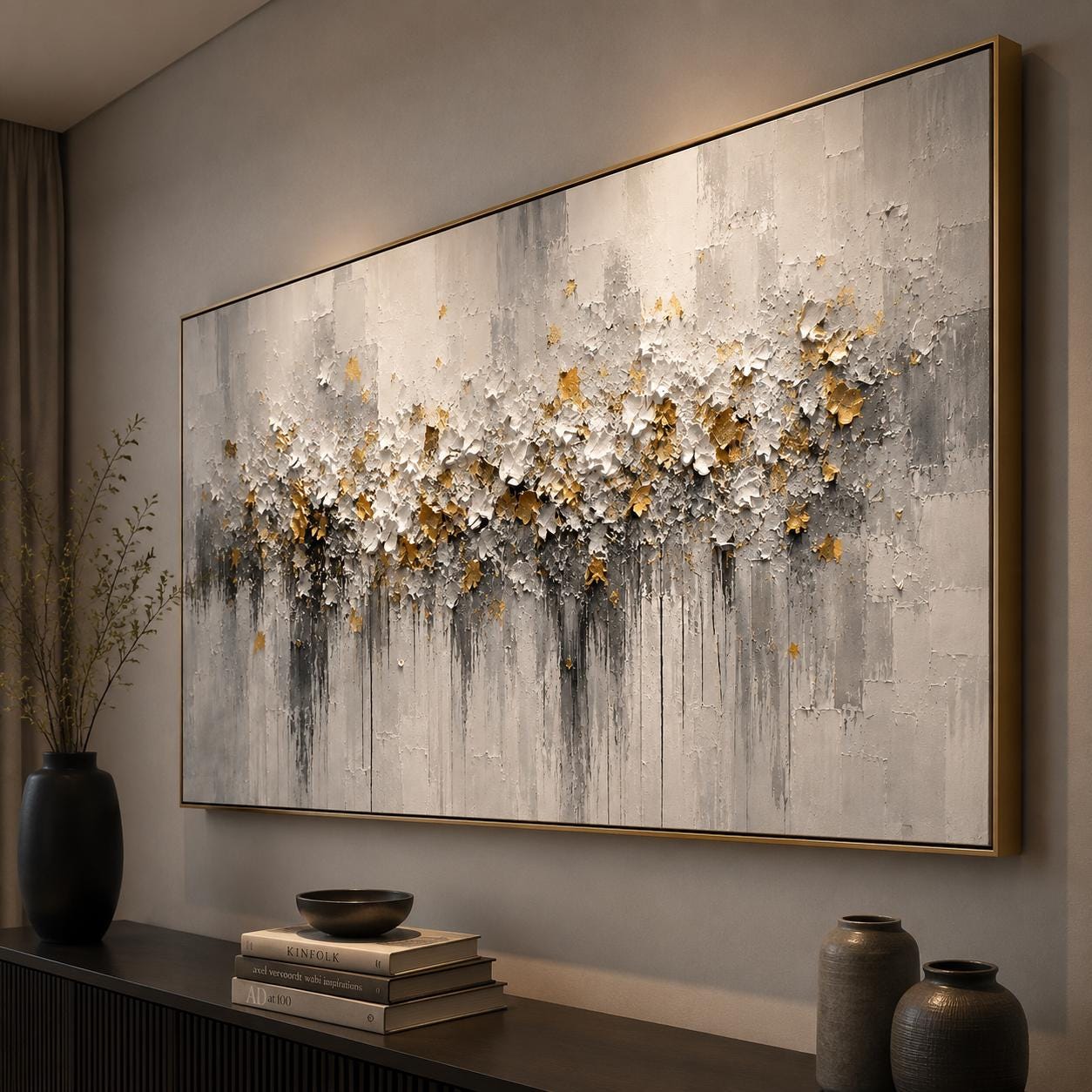 Textured Abstract Floral Canvas – Modern Wall Art with Gold Accents