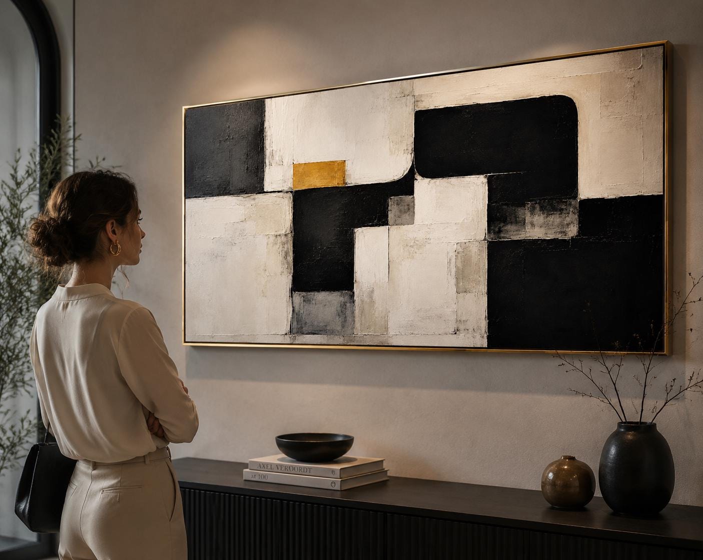 Textured Abstract Geometric Canvas – Modern Wall Art, Black, White & Gold