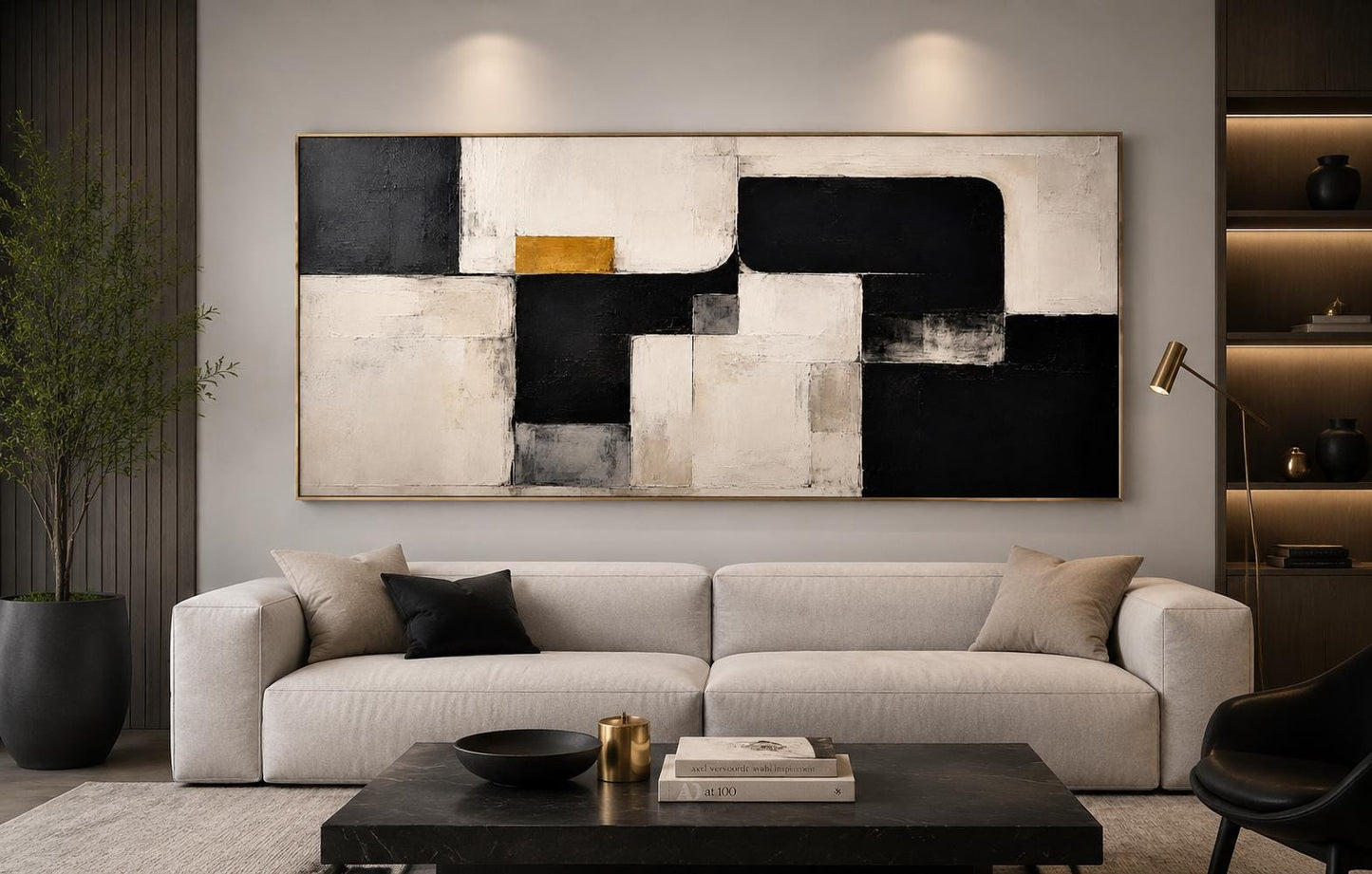 Textured Abstract Geometric Canvas – Modern Wall Art, Black, White & Gold