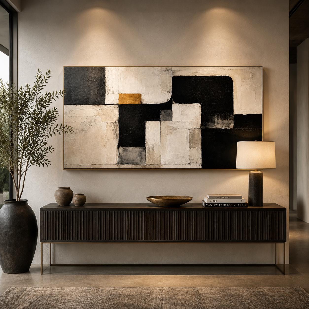 Textured Abstract Geometric Canvas – Modern Wall Art, Black, White & Gold