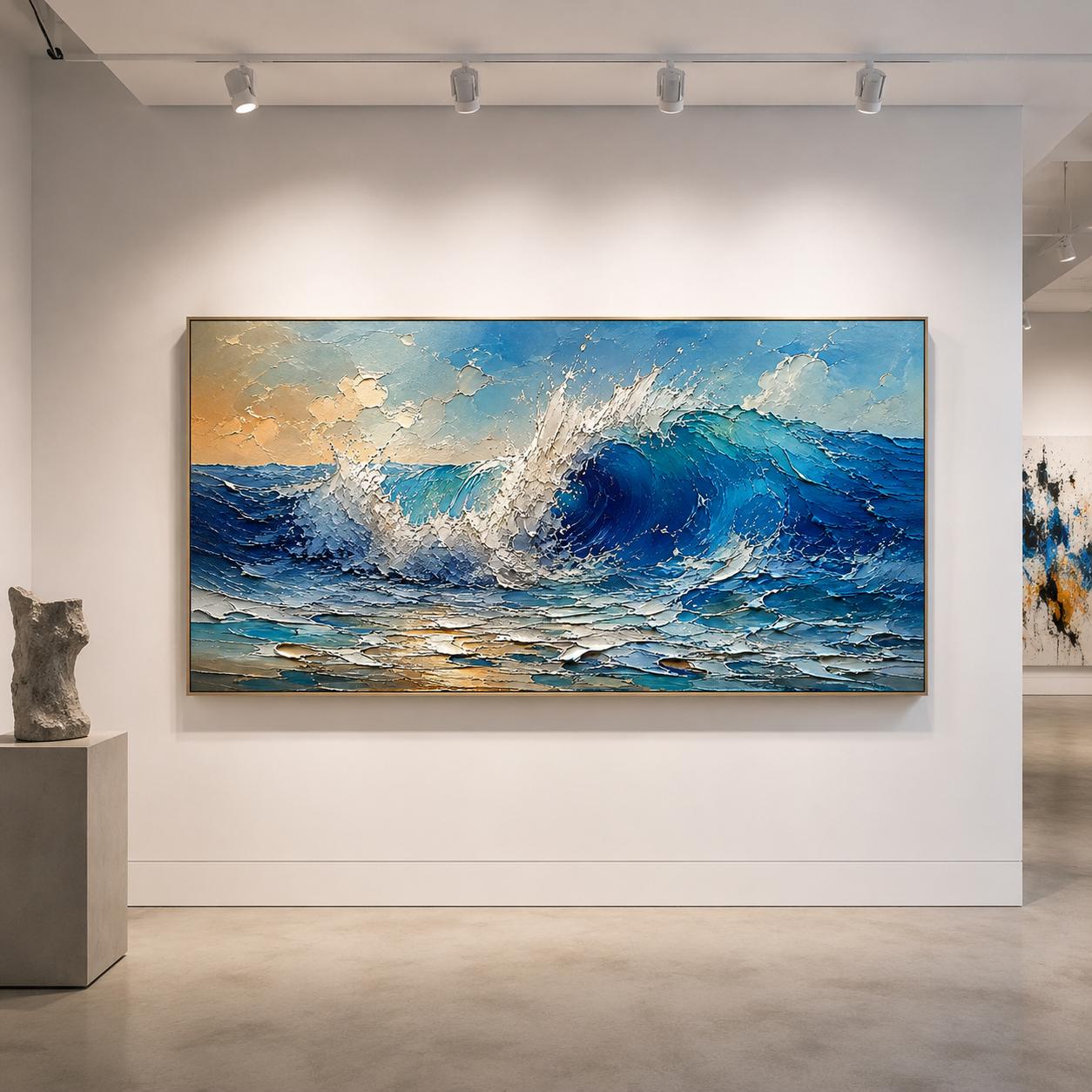 Textured Ocean Wave Painting, Blue Sea Canvas Art, Palette Knife Art