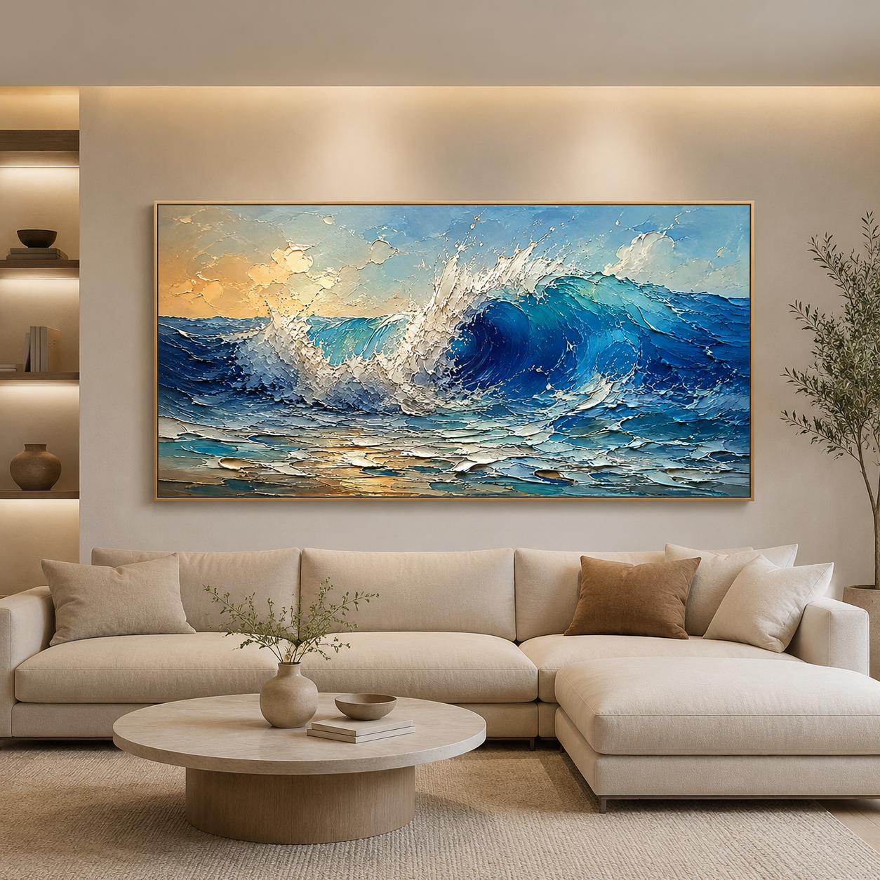 Textured Ocean Wave Painting, Blue Sea Canvas Art, Palette Knife Art