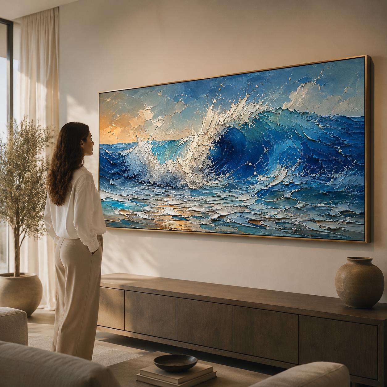 Textured Ocean Wave Painting, Blue Sea Canvas Art, Palette Knife Art