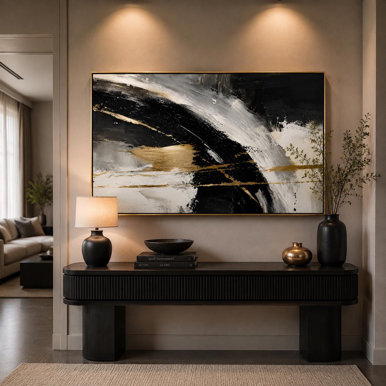 Textured Abstract Black & Gold Painting, Modern Impasto Canvas Art