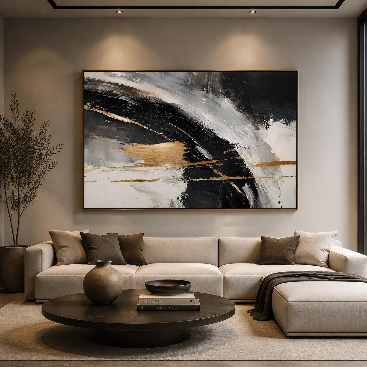 Textured Abstract Black & Gold Painting, Modern Impasto Canvas Art
