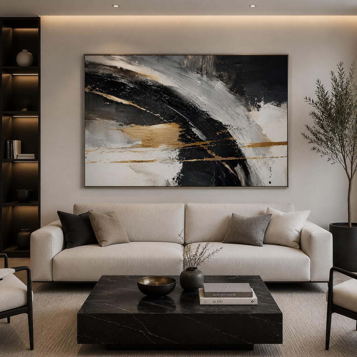 Textured Abstract Black & Gold Painting, Modern Impasto Canvas Art